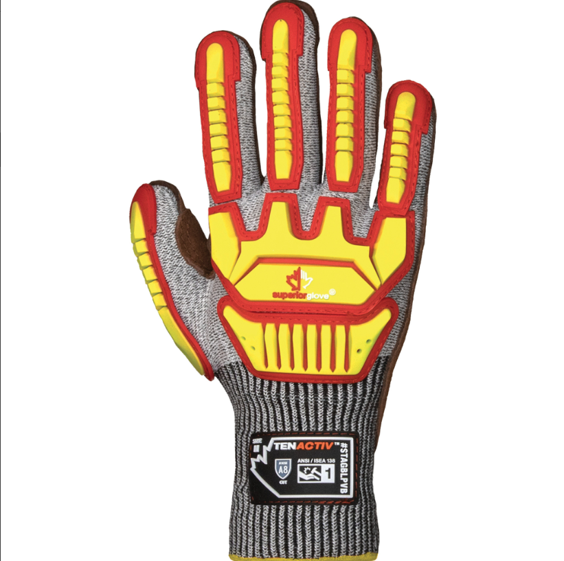 TenActiv™ STAGBLPVB Impact Gloves, Large, Cowhide Palm, Knit Wrist Cuff