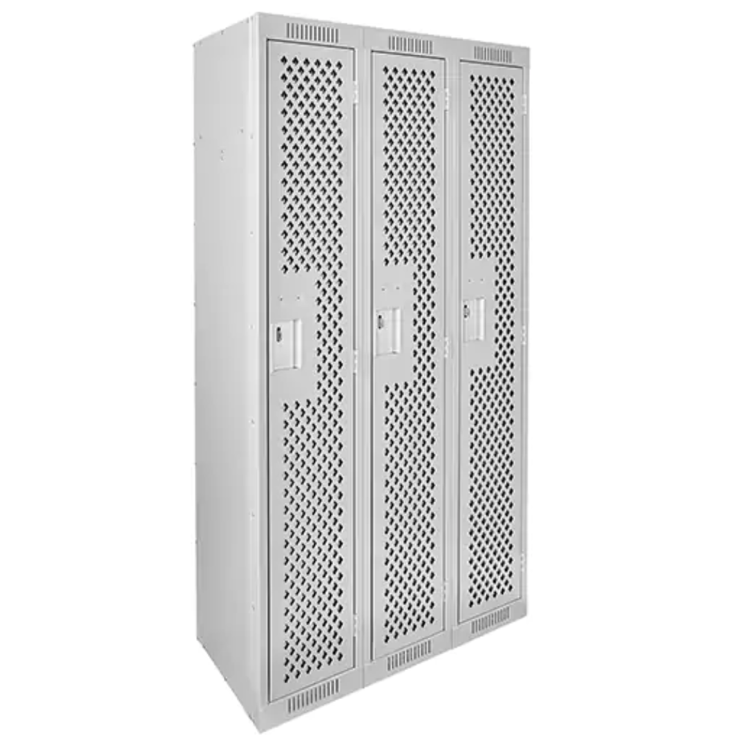 Clean Line™ Lockers, Bank of 3, 36" x 15" x 72", Steel, Grey, Rivet (Assembled), Perforated