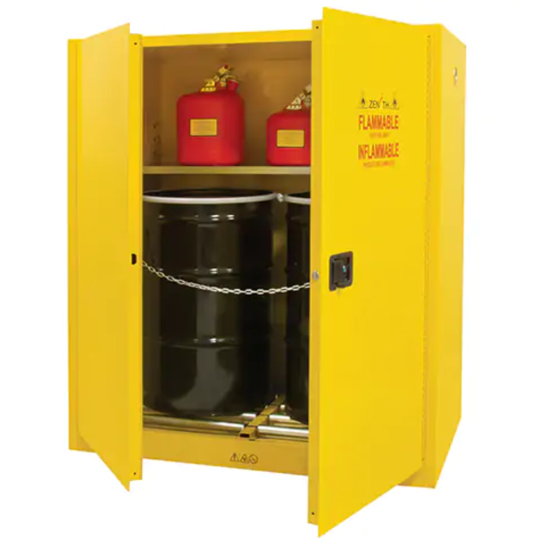 Vertical Drum Storage Cabinet, 110 US gal. Cap., 2 Drums, Yellow