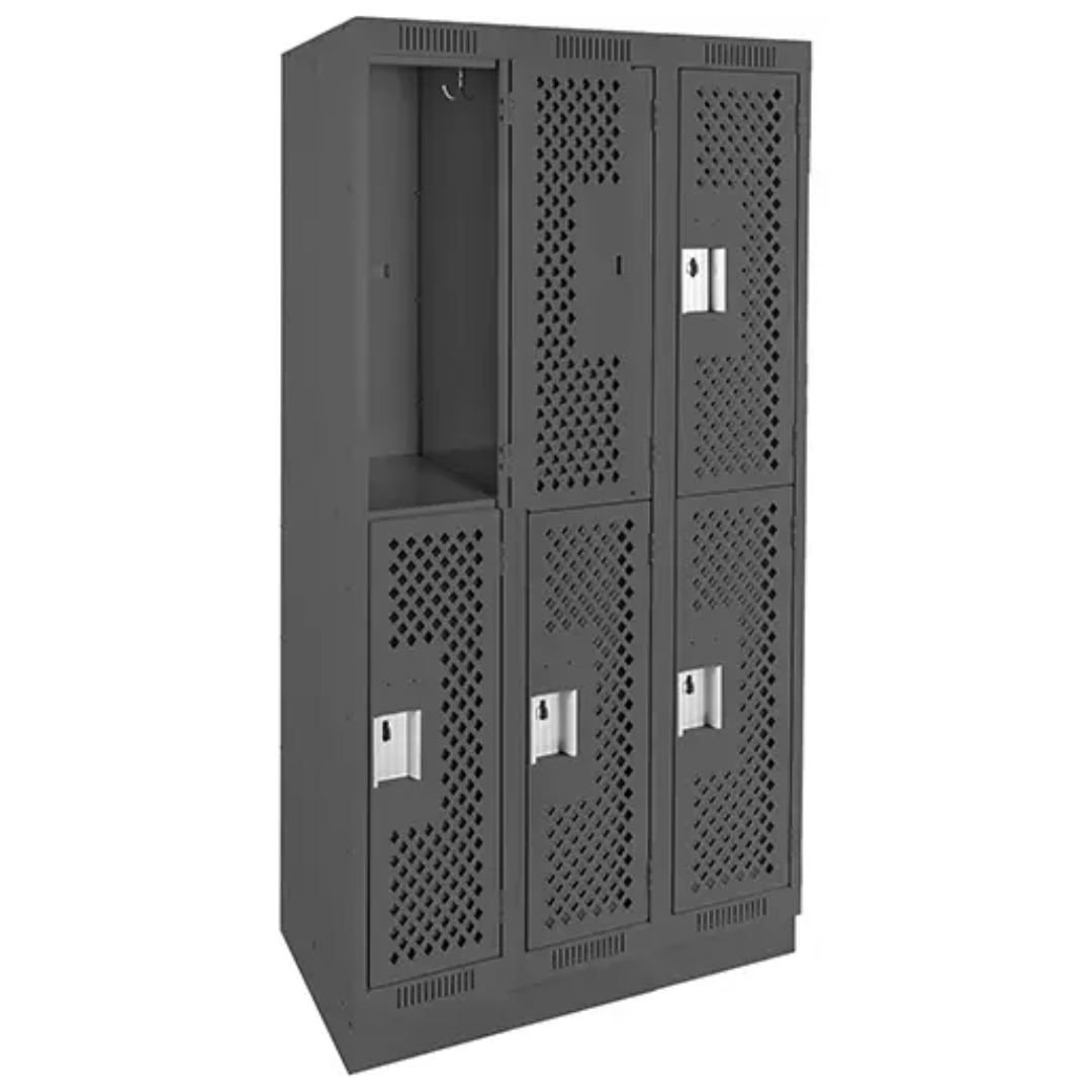 Clean Line™ Lockers, 2 -tier, Bank of 3, 36" x 15" x 76", Steel, Charcoal, Rivet (Assembled), Perforated